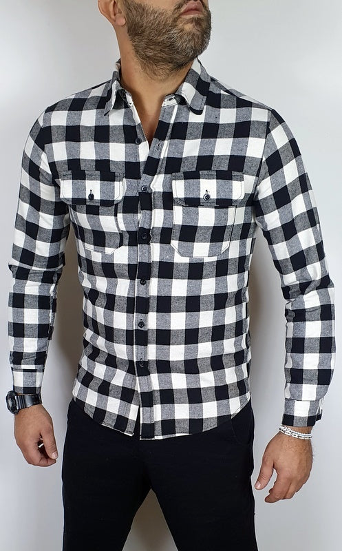Camicia uomo scozzese bianco quadri manica Lunga slim caldo cotone aderente slim