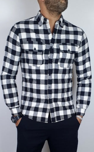 Camicia uomo scozzese bianco quadri manica Lunga slim caldo cotone aderente slim