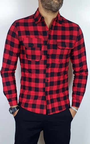 Camicia uomo scozzese rosso quadri manica Lunga slim caldo cotone aderente slim