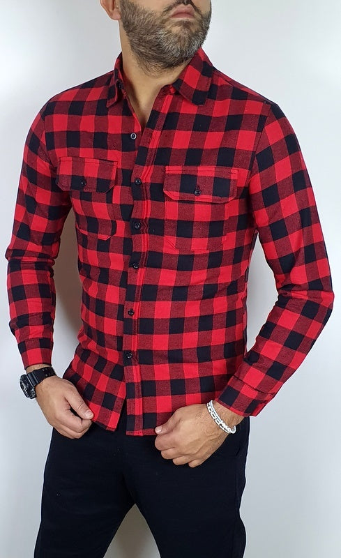 Camicia uomo scozzese rosso quadri manica Lunga slim caldo cotone aderente slim