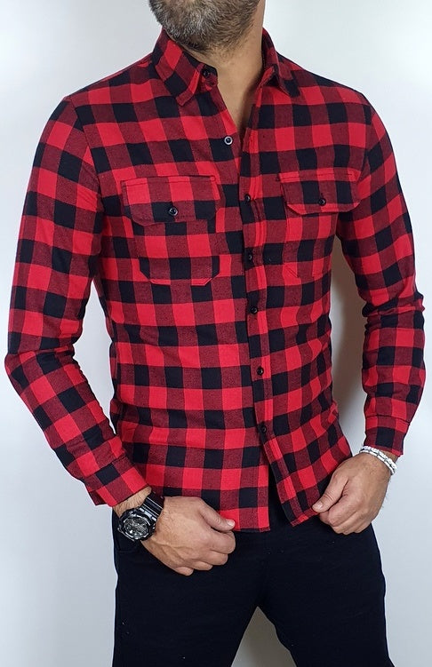 Camicia uomo scozzese rosso quadri manica Lunga slim caldo cotone aderente slim