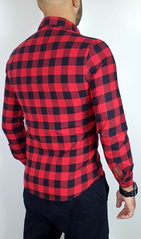 Camicia uomo scozzese rosso quadri manica Lunga slim caldo cotone aderente slim