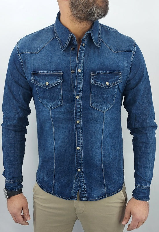Camicia jeans Denim Blu elastica bottoni madreperla s,m,l,xl