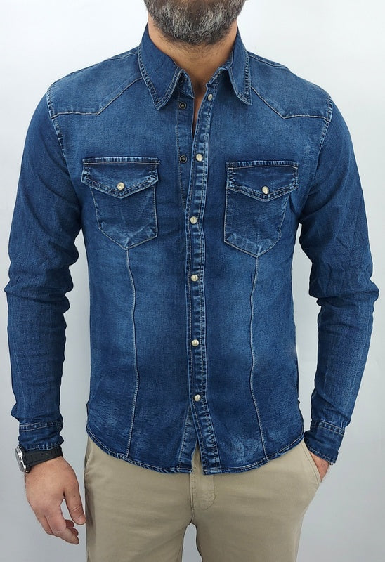 Camicia jeans Denim Blu elastica bottoni madreperla s,m,l,xl