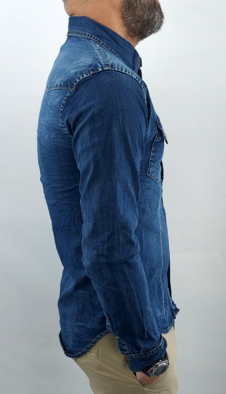 Camicia jeans Denim Blu elastica bottoni madreperla s,m,l,xl