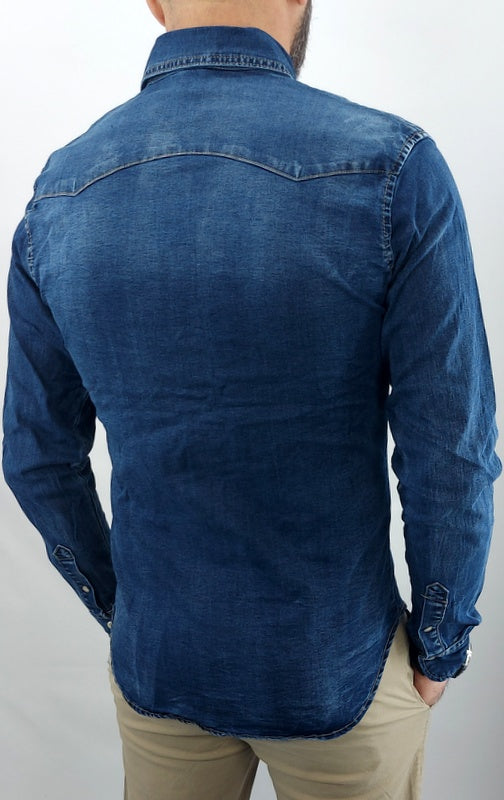 Camicia jeans Denim Blu elastica bottoni madreperla s,m,l,xl