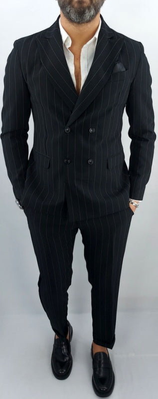 Abito uomo doppiopetto Gessato Nero rigo bianco made in italy 44,46,48,50,52