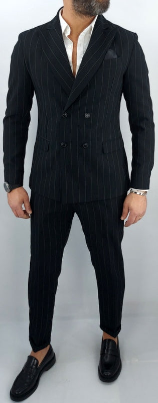 Abito uomo doppiopetto Gessato Nero rigo bianco made in italy 44,46,48,50,52