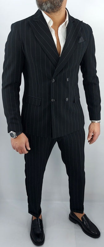Abito uomo doppiopetto Gessato Nero rigo bianco made in italy 44,46,48,50,52