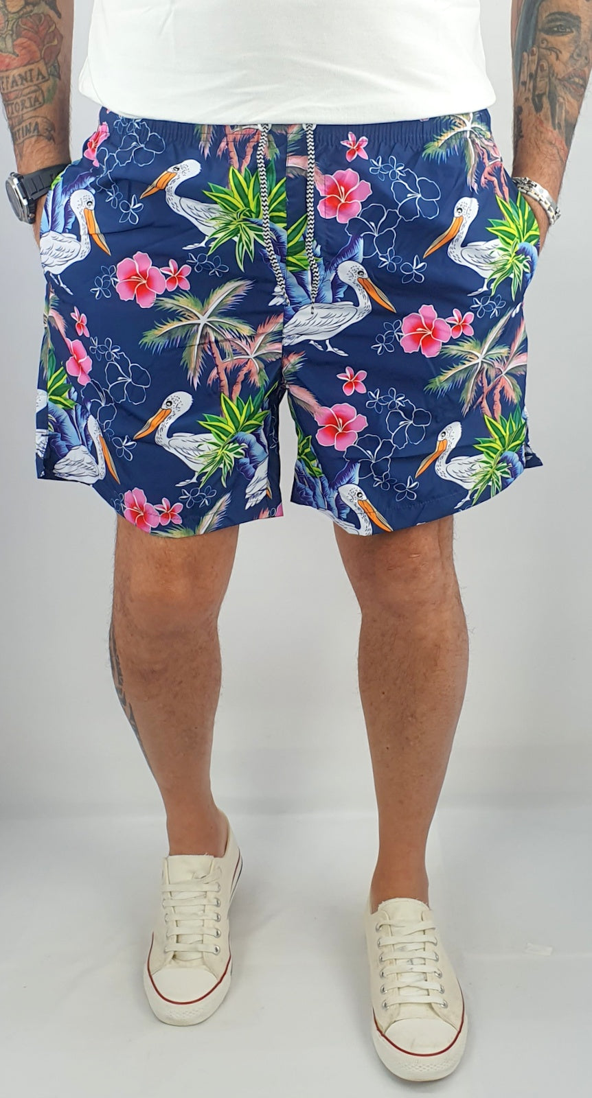 Costume Da Bagno Uomo Mare Floreale Bermuda Blu Boxer Pantaloncino Corto Cigno