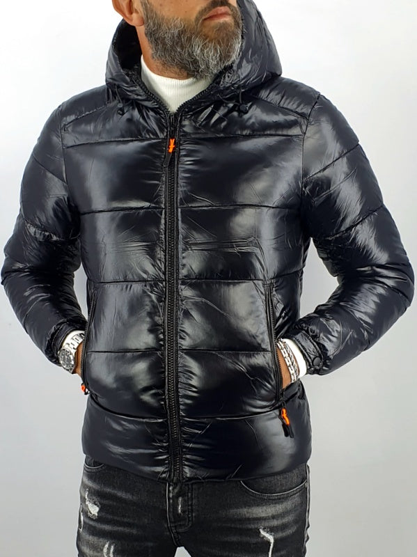 giubbotto uomo giubbino foderato piumino nero invernale cappuccio tasche lucido