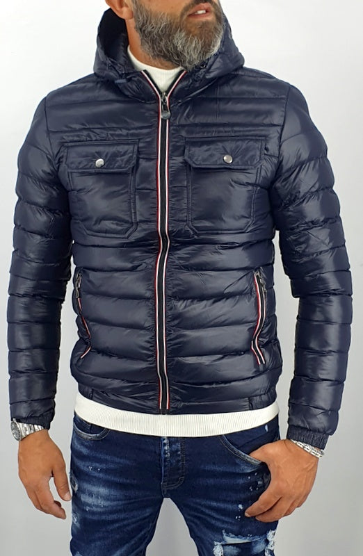 giubbotto uomo giubbino piumino cappuccio blu/nero slim fit autunno bomber