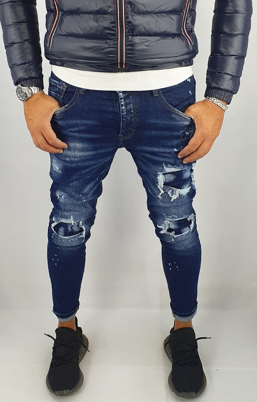 jeans denim pantaloni uomo Slim fit elasticizzati strech con strappi toppe blu