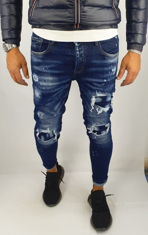 jeans denim pantaloni uomo Slim fit elasticizzati strech con strappi toppe blu