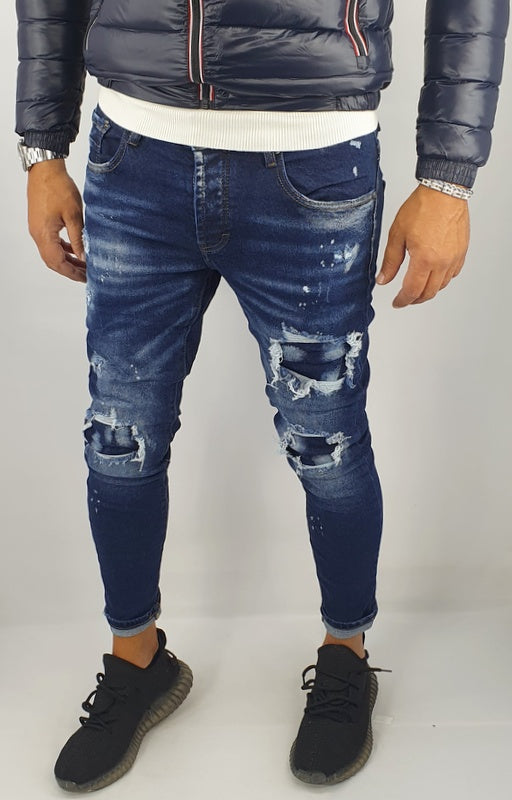 jeans denim pantaloni uomo Slim fit elasticizzati strech con strappi toppe blu