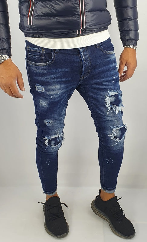 jeans denim pantaloni uomo Slim fit elasticizzati strech con strappi toppe blu