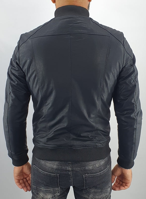 giubbino Uomo bomber collo alto ecopelle giacca corto nero slim corto tasche