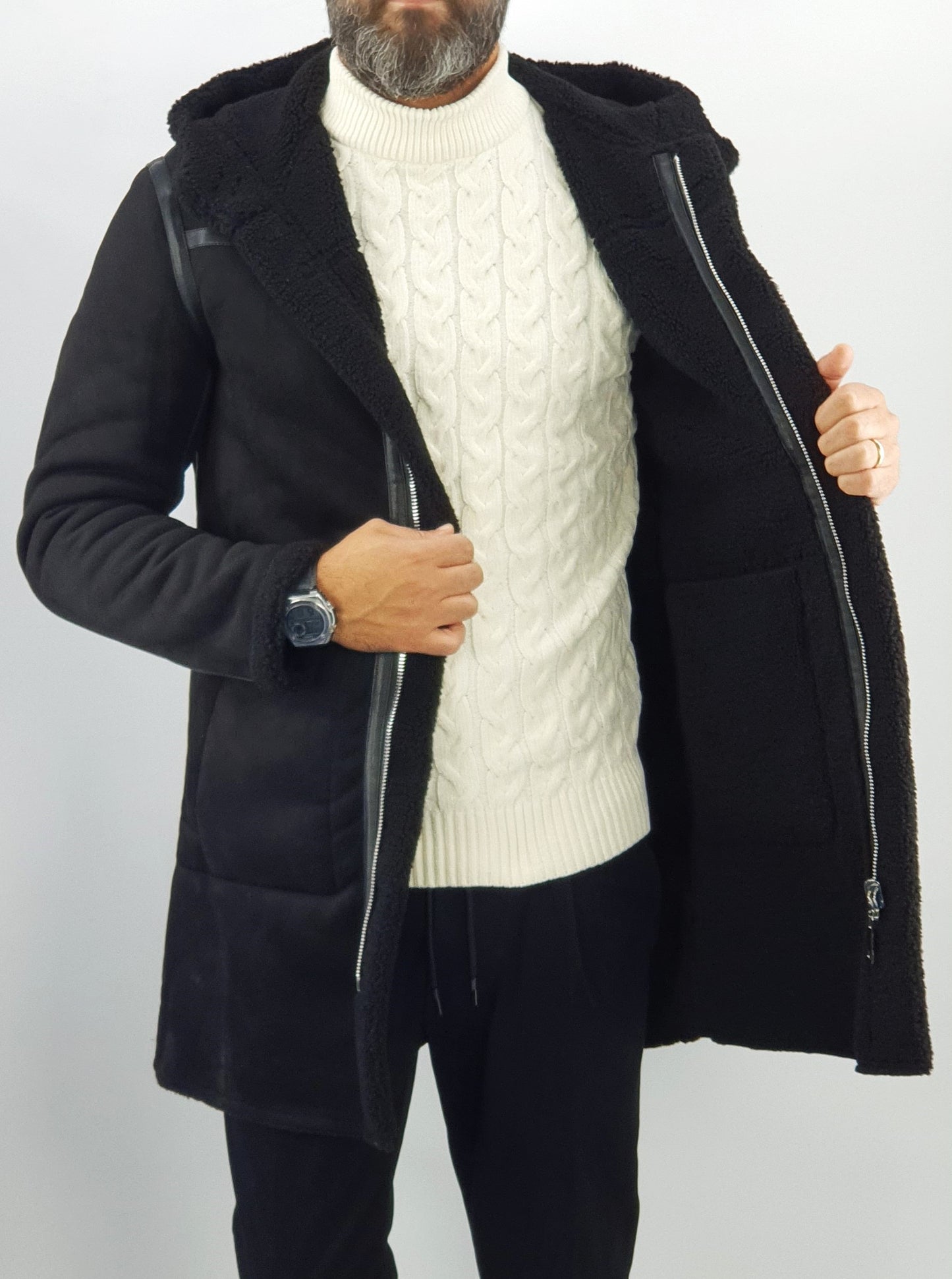 Giubbotto Uomo Invernale Cappotto Montone shearling Giacca Con Cappuccio Nero