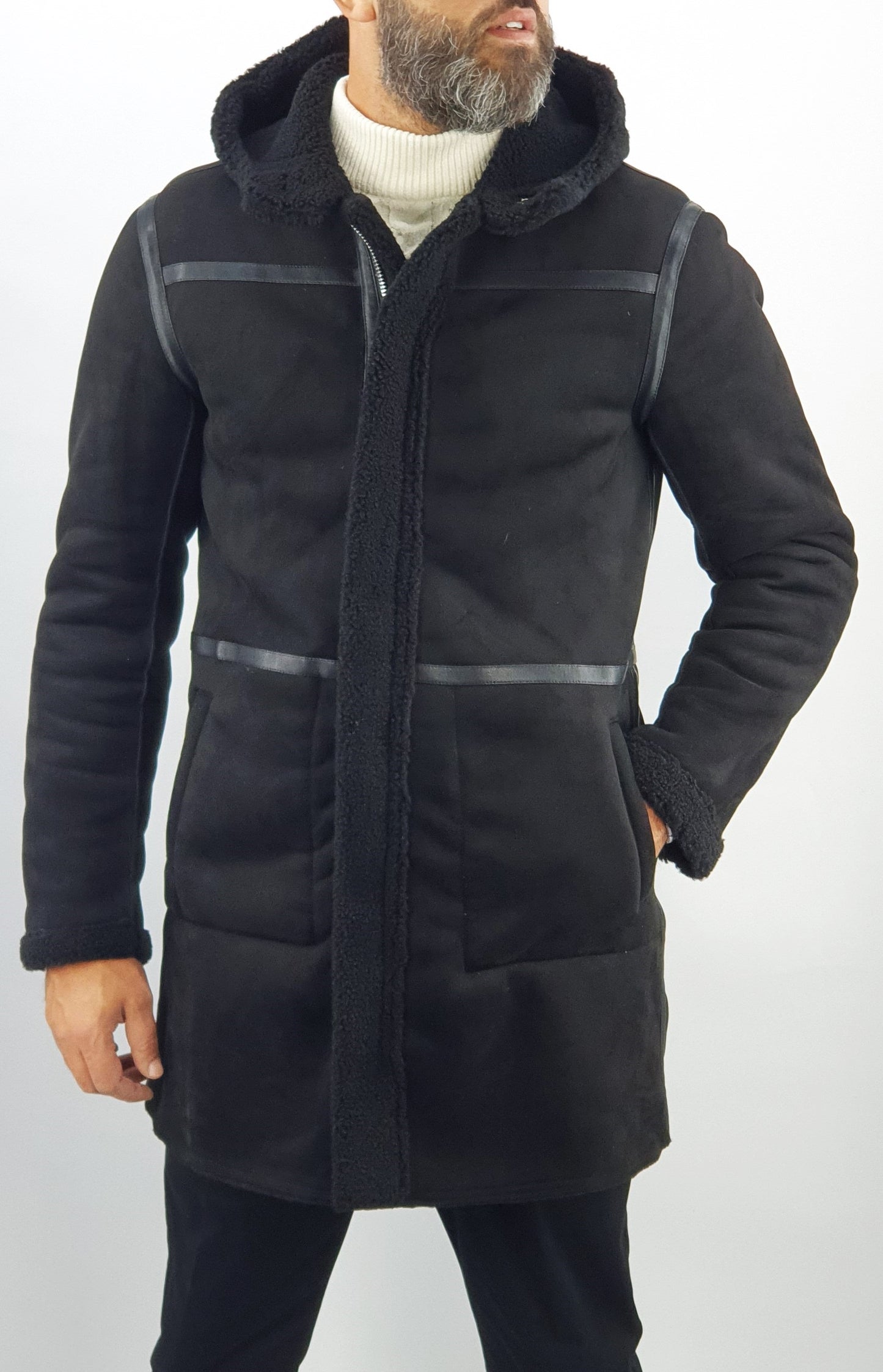 Giubbotto Uomo Invernale Cappotto Montone shearling Giacca Con Cappuccio Nero