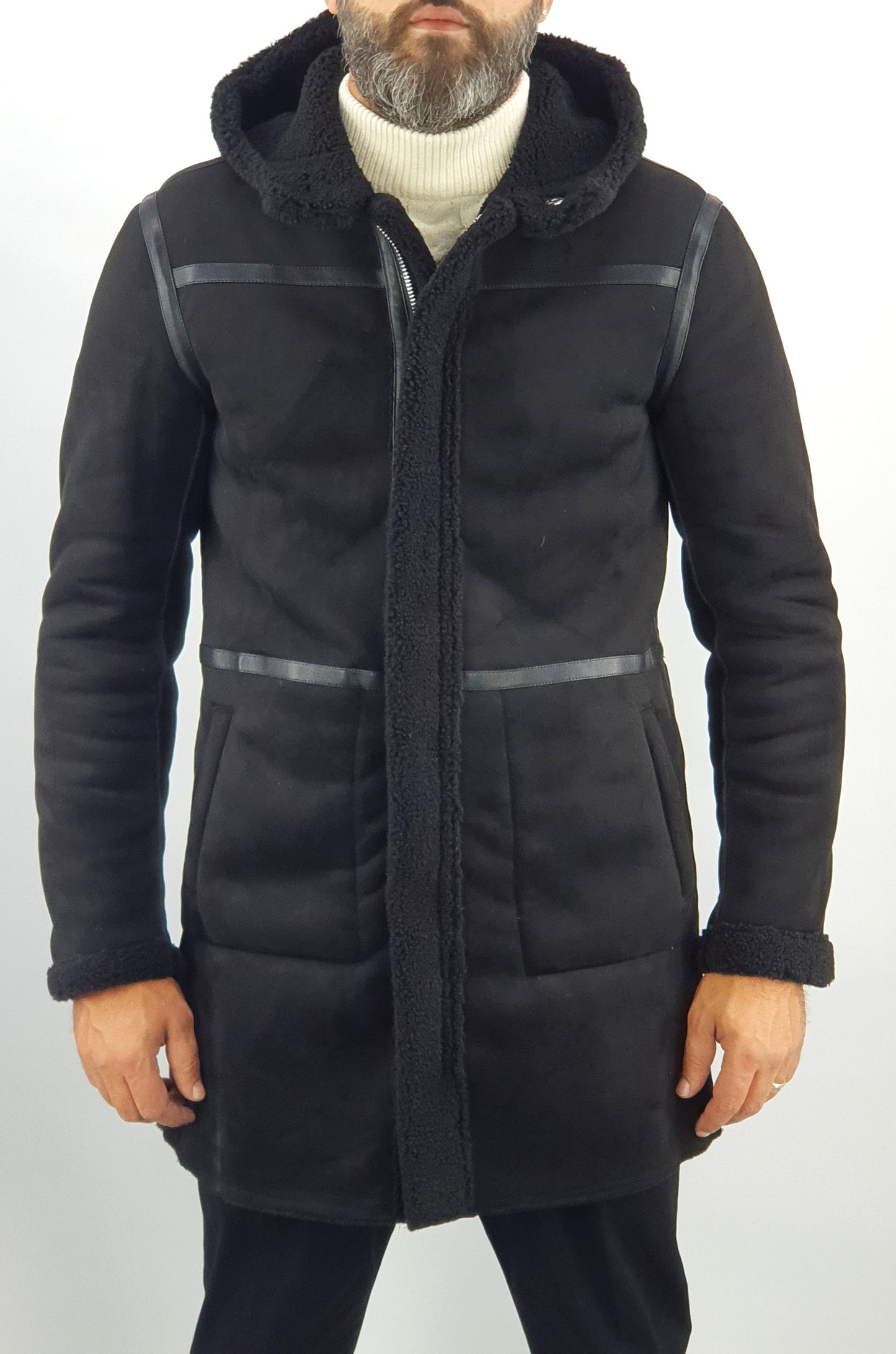 Giubbotto Uomo Invernale Cappotto Montone shearling Giacca Con Cappuccio Nero