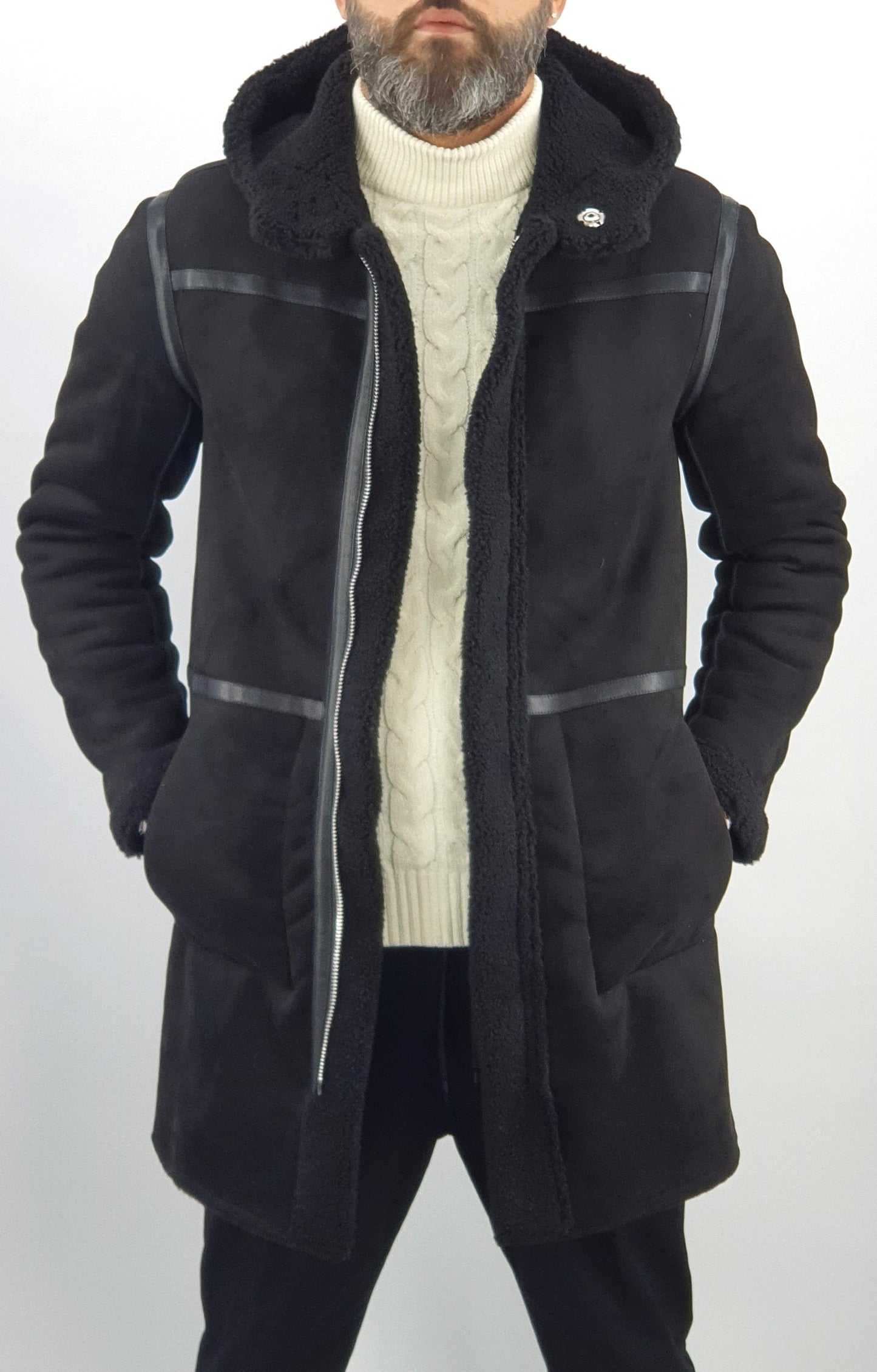 Giubbotto Uomo Invernale Cappotto Montone shearling Giacca Con Cappuccio Nero