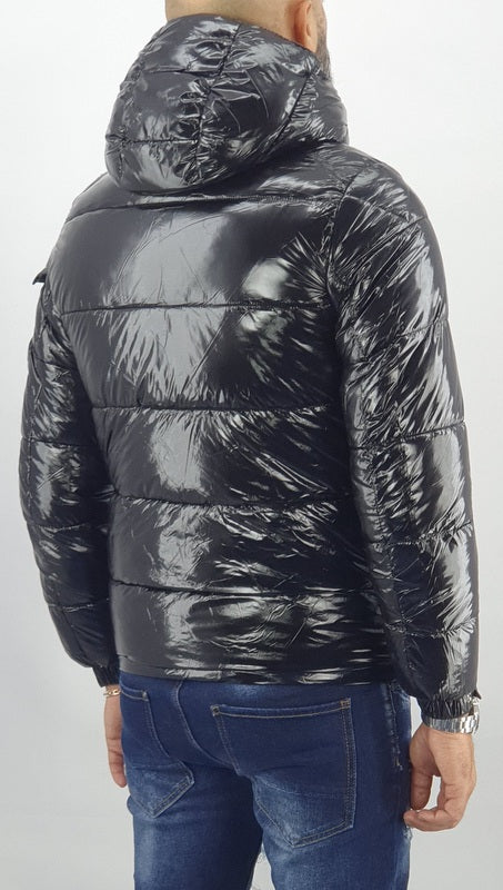 Giubbotto Uomo Giubbino Foderato Piumino Invernale Cappuccio Tasche Lucido Slim