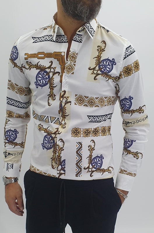 Camicia uomo Tessuto Elastico casual bianco Barocco Manica lunga Slim fit