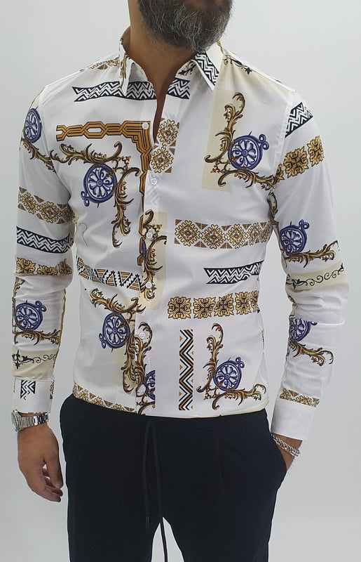 Camicia uomo Tessuto Elastico casual bianco Barocco Manica lunga Slim fit