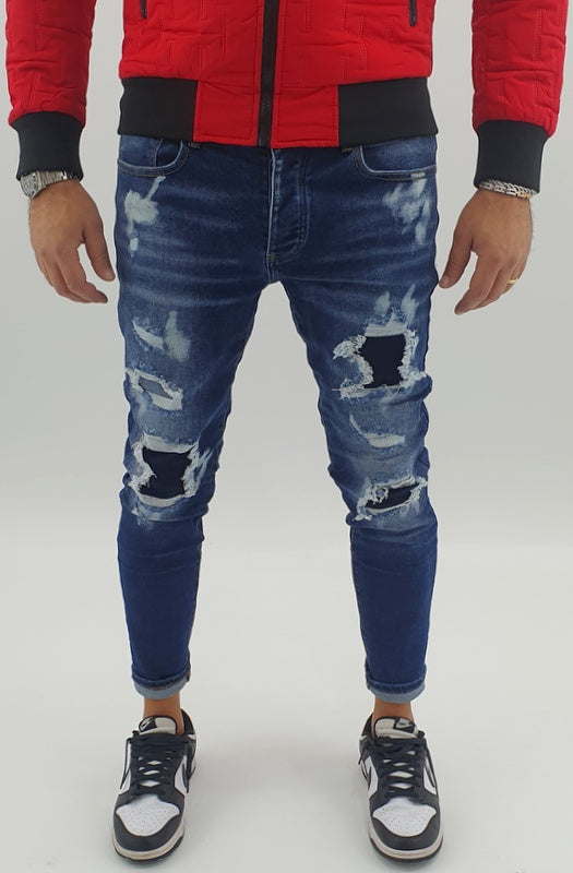 Jeans Denim Pantaloni Uomo Slim fit Elasticizzati Pittura Con Strappi Toppe Blu