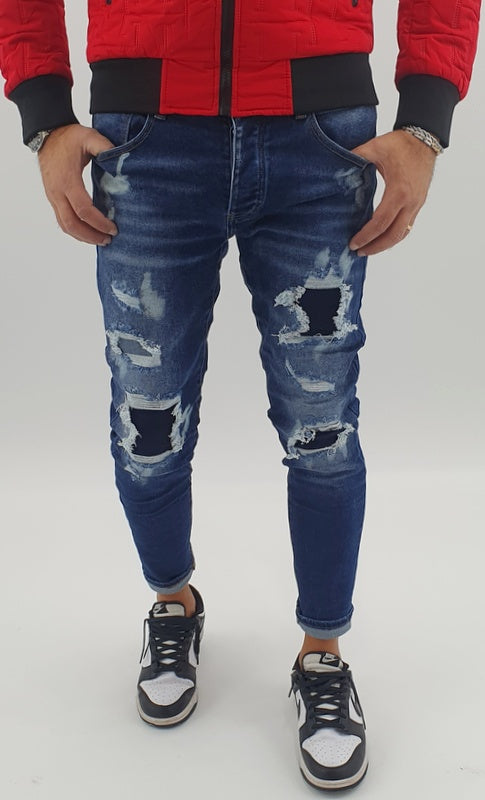Jeans Denim Pantaloni Uomo Slim fit Elasticizzati Pittura Con Strappi Toppe Blu
