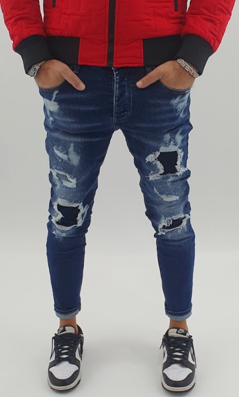 Jeans Denim Pantaloni Uomo Slim fit Elasticizzati Pittura Con Strappi Toppe Blu