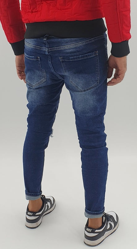 Jeans Denim Pantaloni Uomo Slim fit Elasticizzati Pittura Con Strappi Toppe Blu