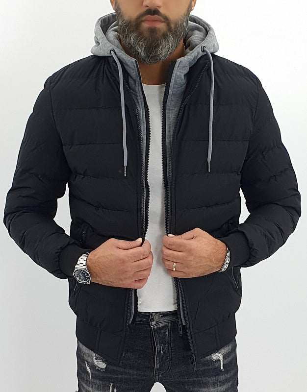 piumino uomo semi impermeabile nero con pettorina e cappuccio felpato fisso