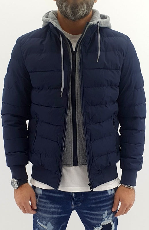 piumino uomo semi impermeabile blu con pettorina e cappuccio felpato fisso