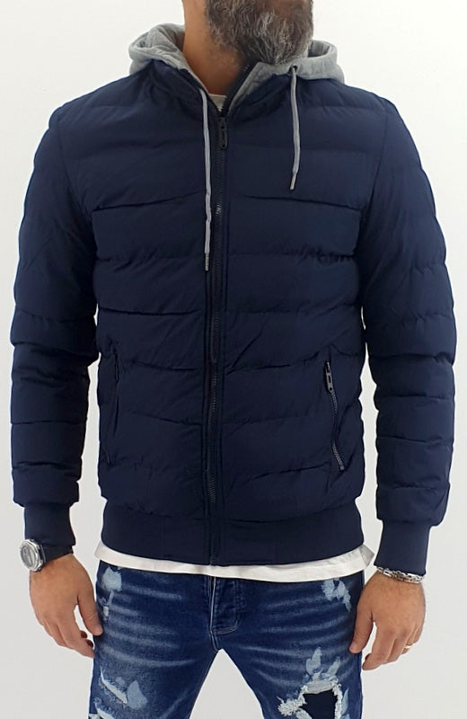 piumino uomo semi impermeabile blu con pettorina e cappuccio felpato fisso