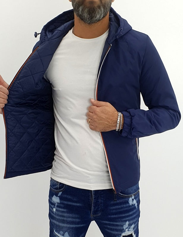 giubbino piumino semi impermabile cappuccio blu con trapuntina interna