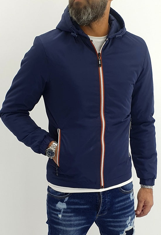 giubbino piumino semi impermabile cappuccio blu con trapuntina interna