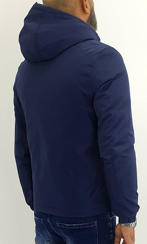 giubbino piumino semi impermabile cappuccio blu con trapuntina interna