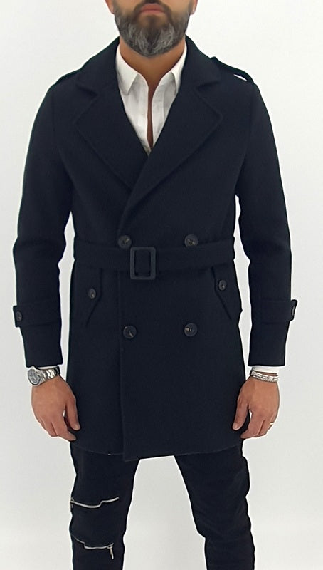 Trench uomo colore nero cintura invernale made in italy s,m,l,xl,xxl