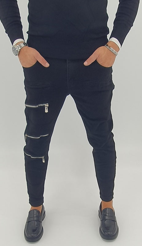 Jeans uomo nero zip gamba elastico denim 42,44,46,48,50,52
