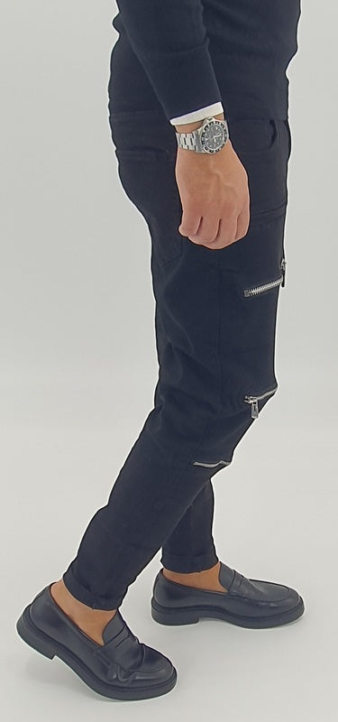 Jeans uomo nero zip gamba elastico denim 42,44,46,48,50,52