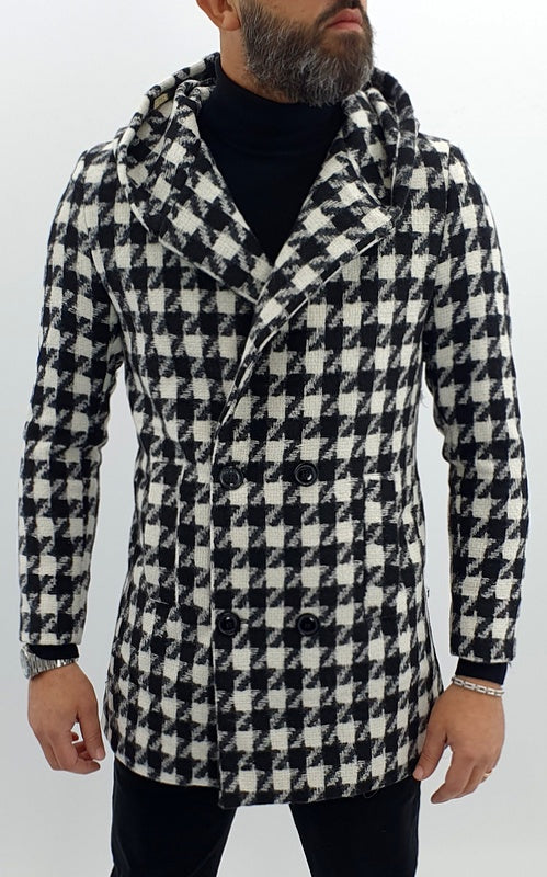 Giubbotto Uomo Invernale Doppiopetto quadri Giacca bianco/nero Cappuccio slim