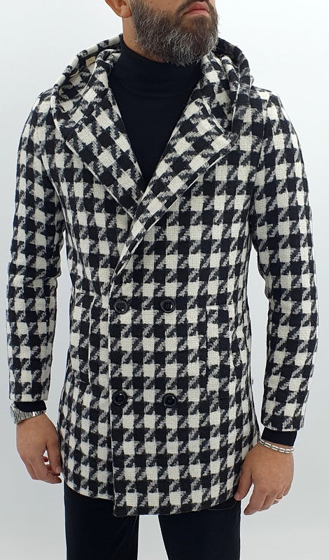 Giubbotto Uomo Invernale Doppiopetto quadri Giacca bianco/nero Cappuccio slim