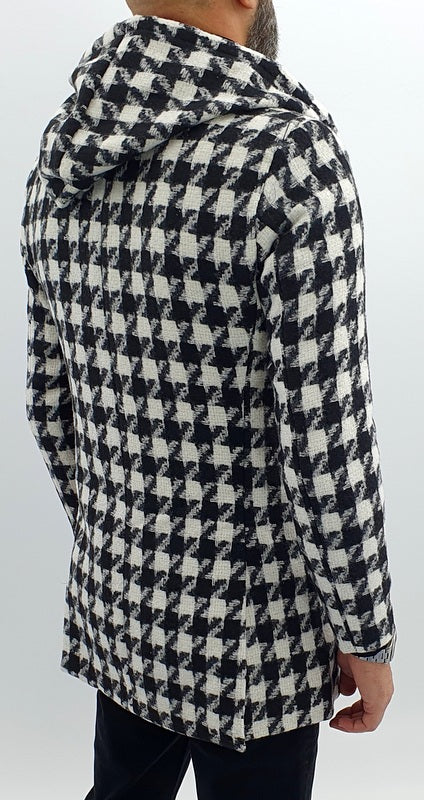 Giubbotto Uomo Invernale Doppiopetto quadri Giacca bianco/nero Cappuccio slim