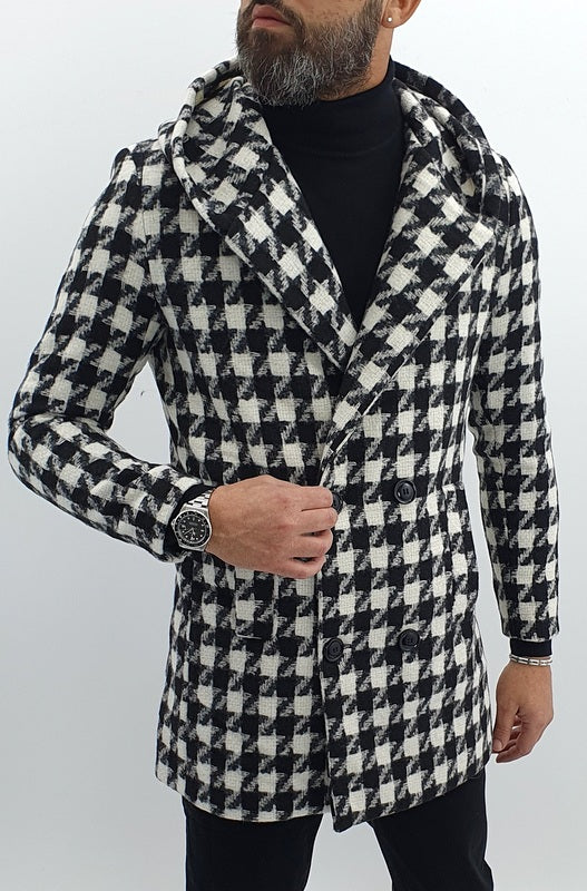Giubbotto Uomo Invernale Doppiopetto quadri Giacca bianco/nero Cappuccio slim
