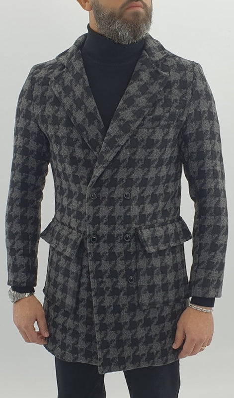 Cappotto Uomo Invernale doppiopetto Giacca Slim quadri Giubbino Nero Elastico