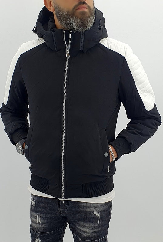 giubbino uomo cappuccio bicolore impermeabile biker ecopelle m,l,xl,xxl,3xl