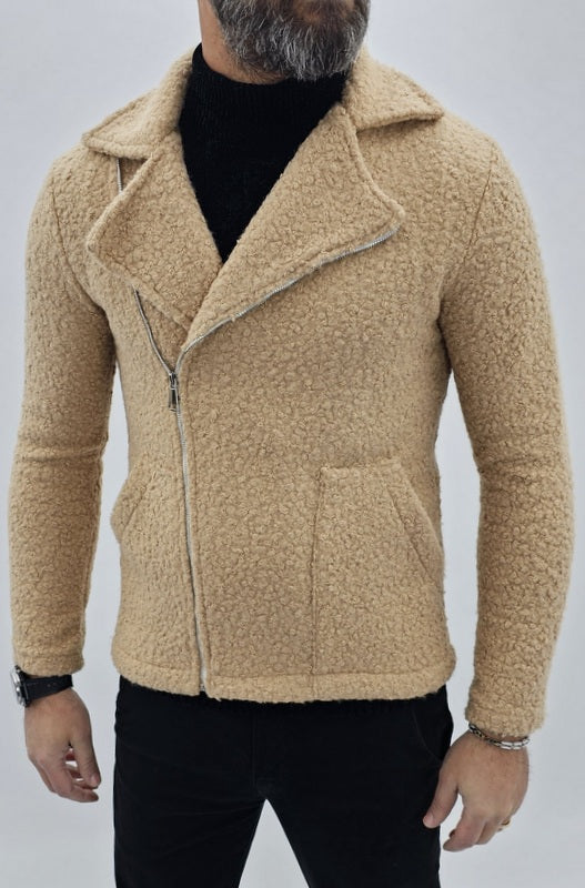 giubbino uomo modello chiodo zip trasversale tessuto teddy