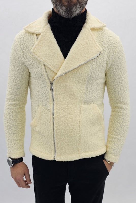 giubbino uomo modello chiodo zip trasversale tessuto teddy