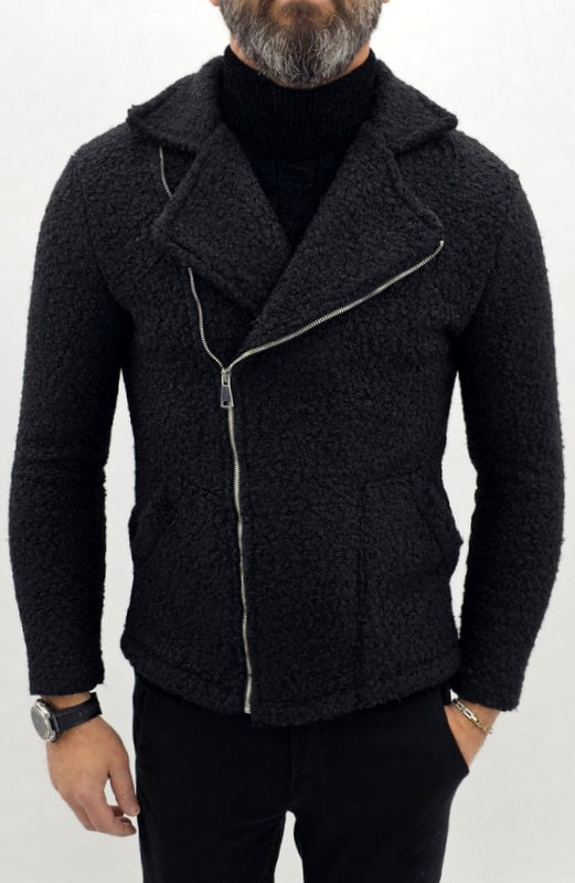 giubbino uomo modello chiodo zip trasversale tessuto teddy